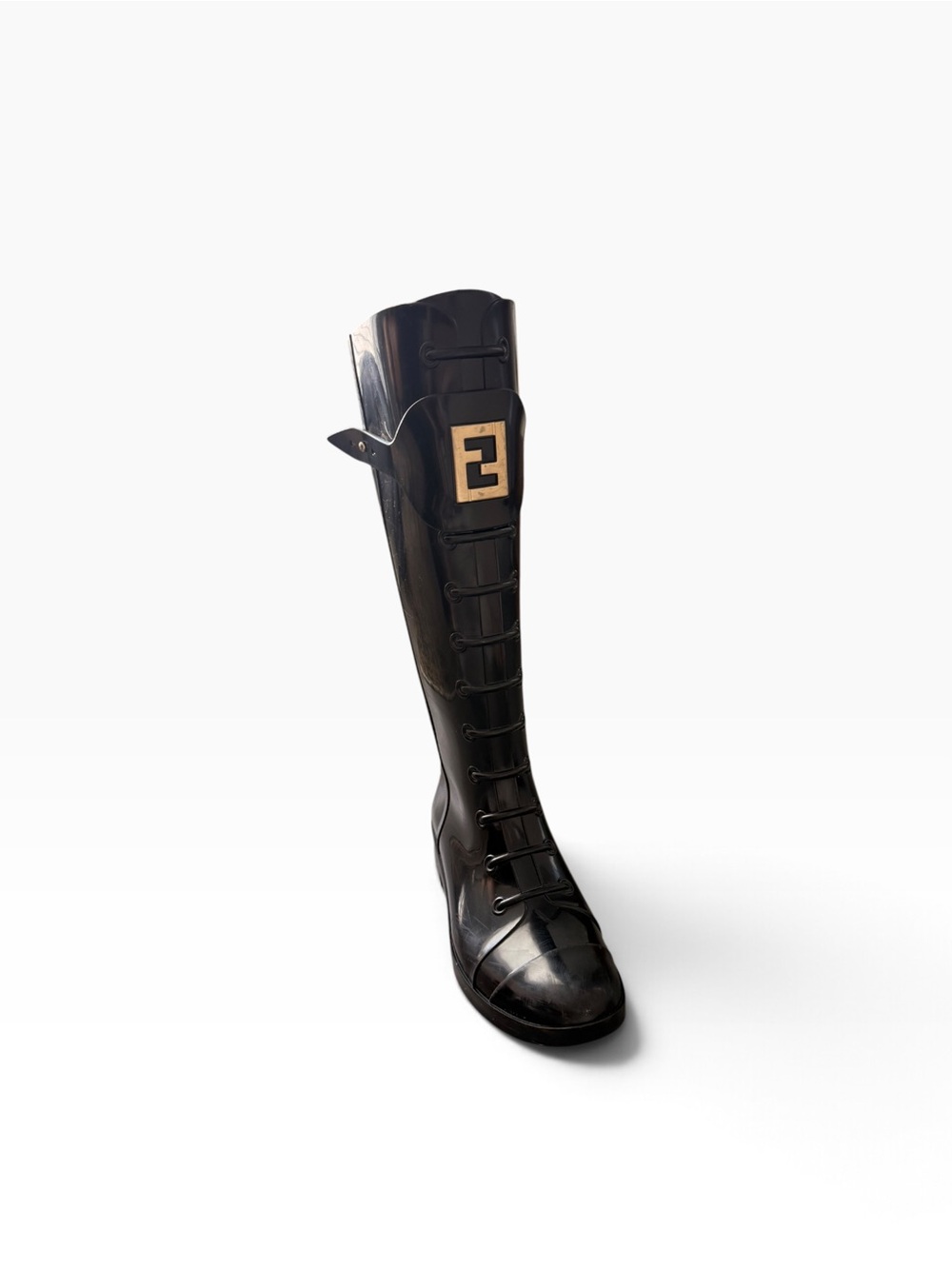 Fendi Black Over-the-Knee Lace-Up Rain Boot with Gold Logo